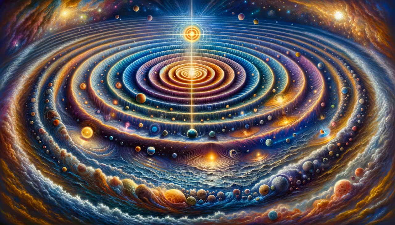 The Big Bang — a mandala of concentric rings, planets, and light radiating from a central collective soul