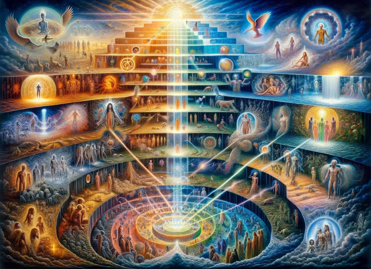 Concentric circles and a central light beam representing prayer as a bridge between dimensions